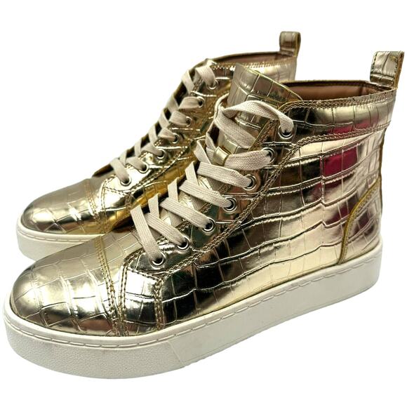 STEVE MADDEN Men 7 Women 9 Shiny Metallic Gold High Top Sneaker Boots Promoter-C - Picture 1 of 7